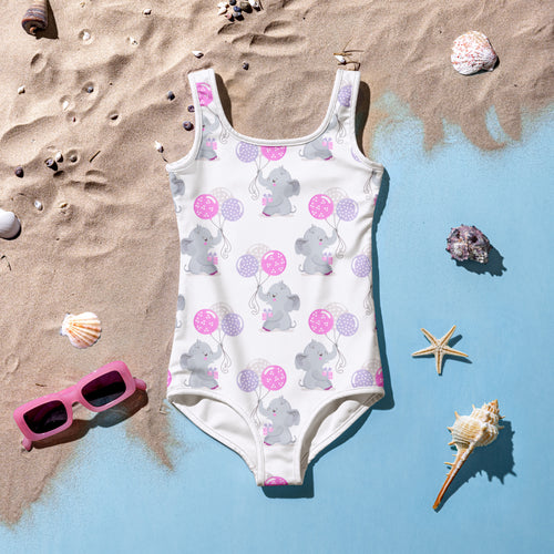Girls elephant birthday buttery soft white one-piece swimsuit with gray elephant balloon pattern and UPF 50+ protection