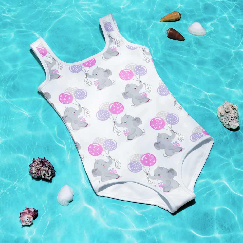 White girls one-piece swimsuit with gray elephants holding pink and purple balloons buttery soft with UPF 50+ protection