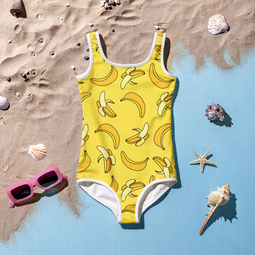 Girls banana buttery soft swimsuit in bright yellow with playful banana pattern white trim and UPF 50+ sun protection