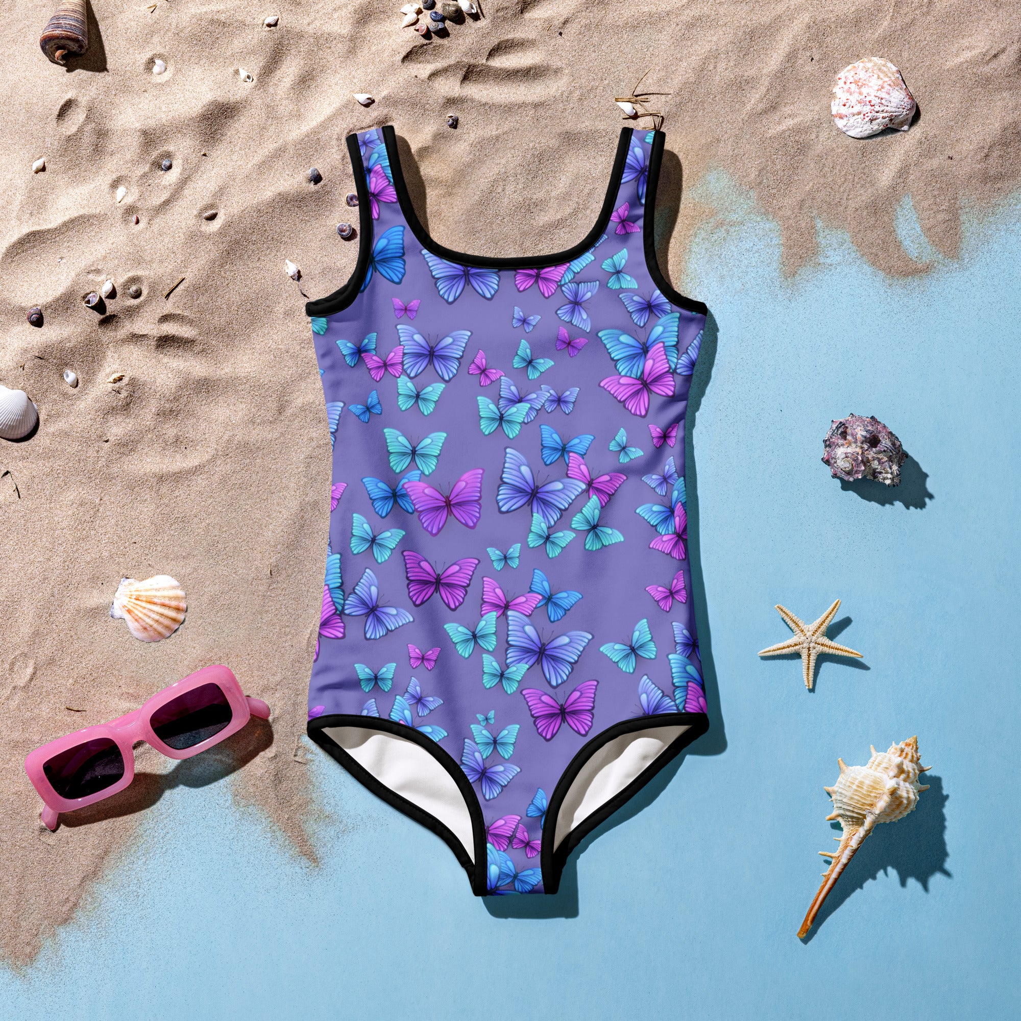 Girls purple butterflies buttery soft one-piece swimsuit with upf 50 plus featuring multicolored butterfly pattern