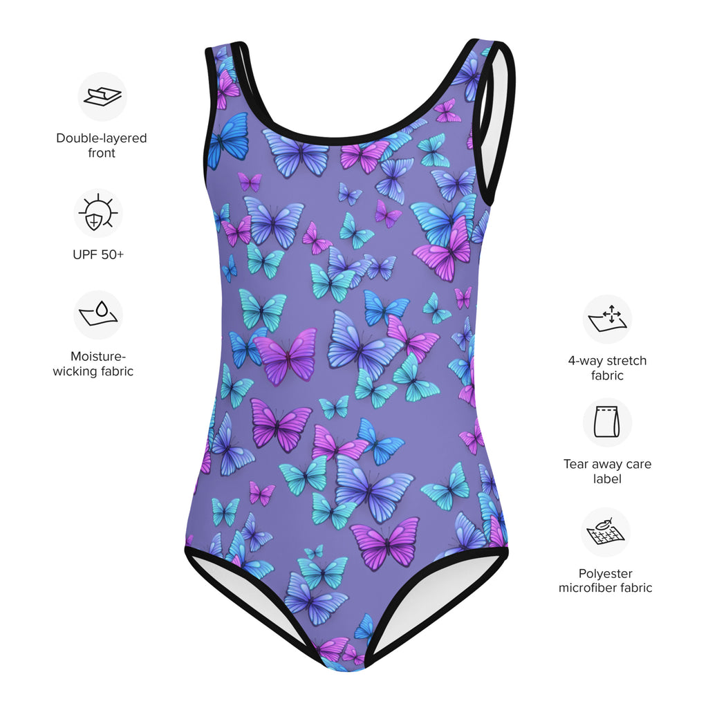 Girls purple buttery soft one-piece swimsuit with vibrant blue purple teal butterfly pattern and black trim with UPF 50+ protection