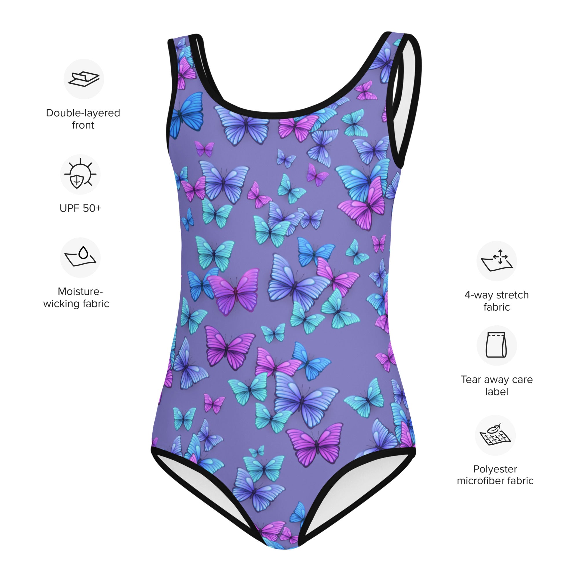 Girls purple buttery soft one-piece swimsuit with vibrant blue purple teal butterfly pattern and black trim with UPF 50+ protection
