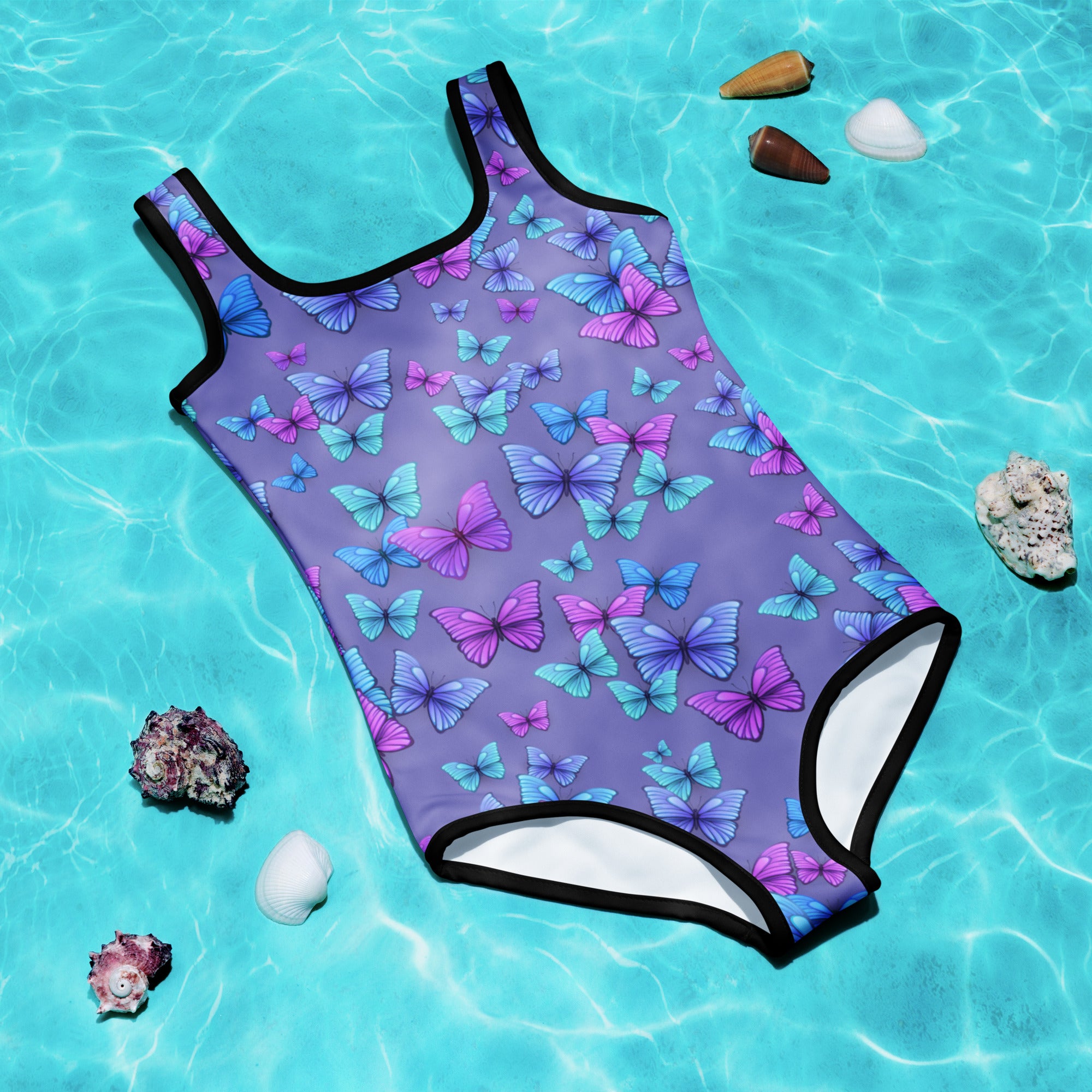 Girls purple butterflies buttery soft swimsuit with upf 50 plus featuring vibrant blue and pink butterfly pattern and black trim