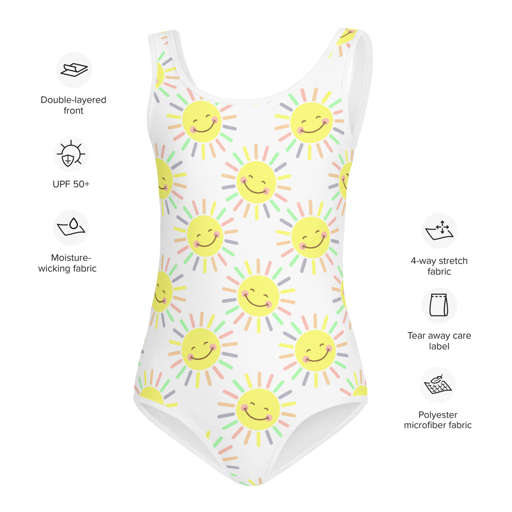 Girls colorful smile face sun buttery soft white one-piece swimsuit with yellow suns and upf 50 plus protection
