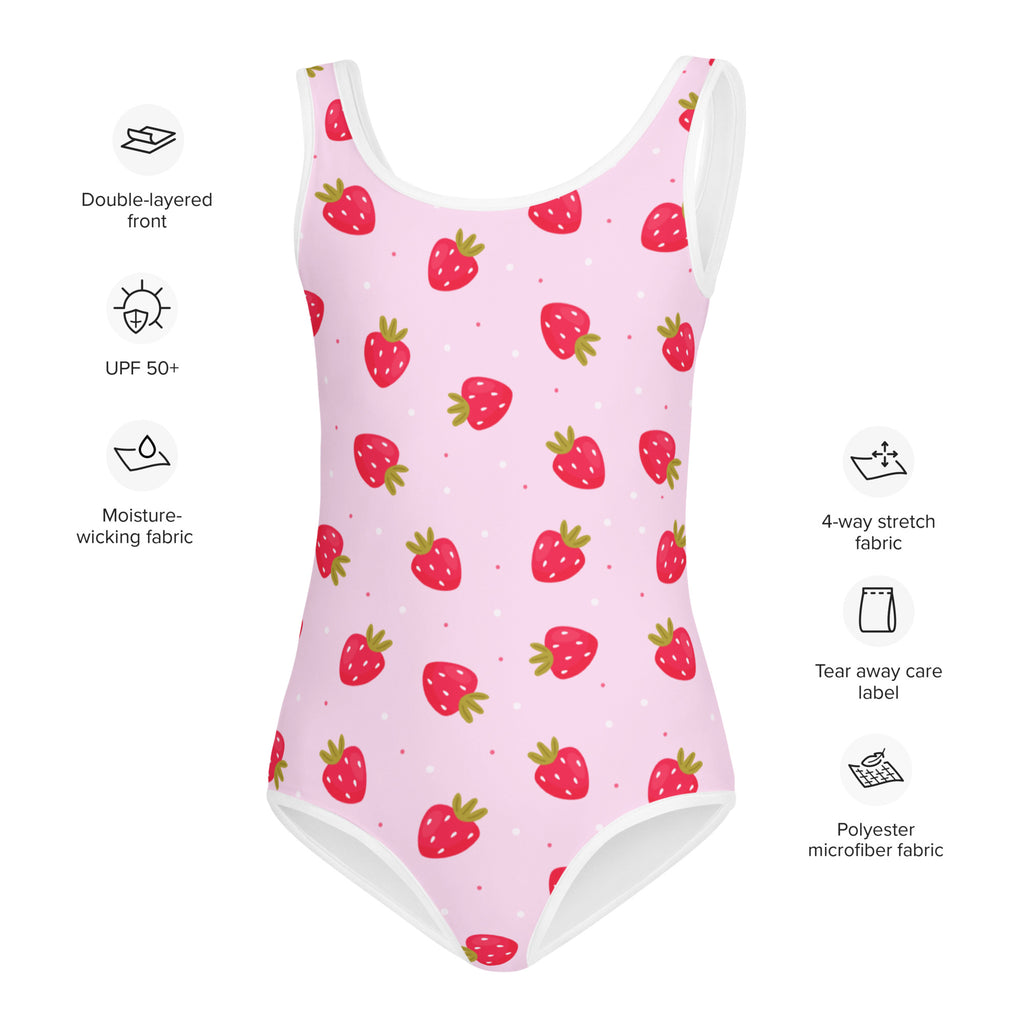 Girls strawberry buttery soft pink one-piece swimsuit with red strawberry print white trim and UPF 50+ protection