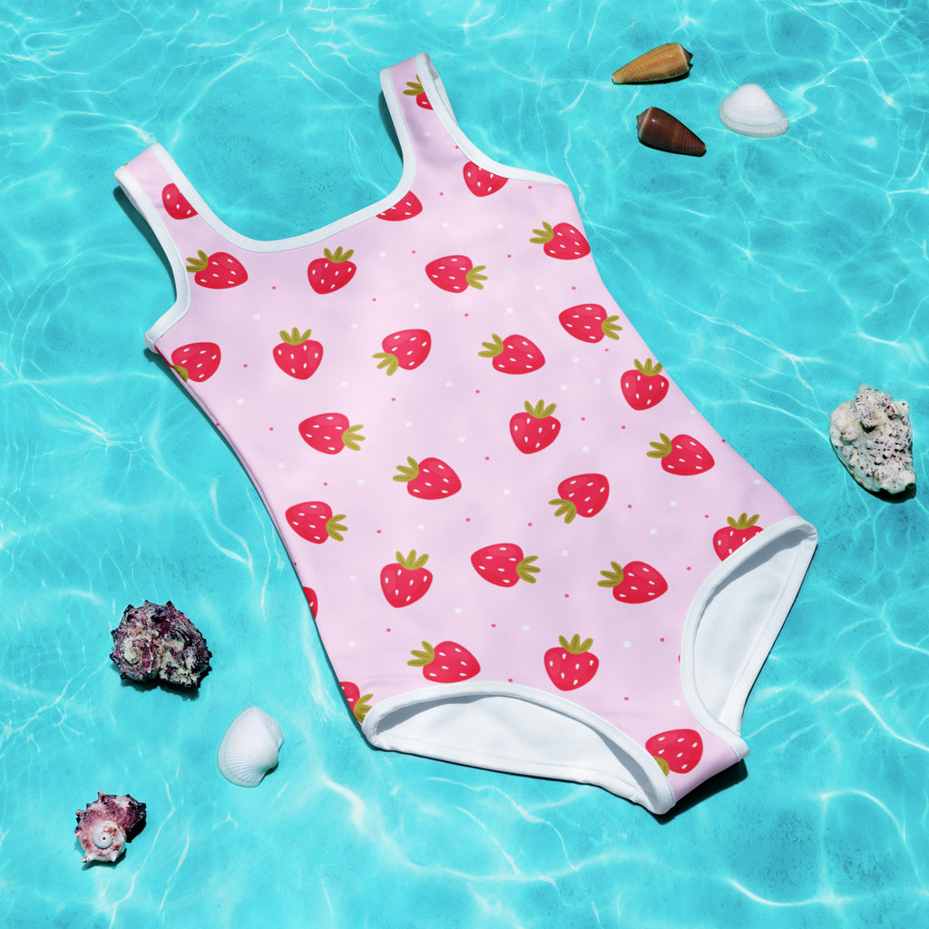 Girls strawberry buttery soft pink one-piece swimsuit with white trim and UPF 50 plus sun protection