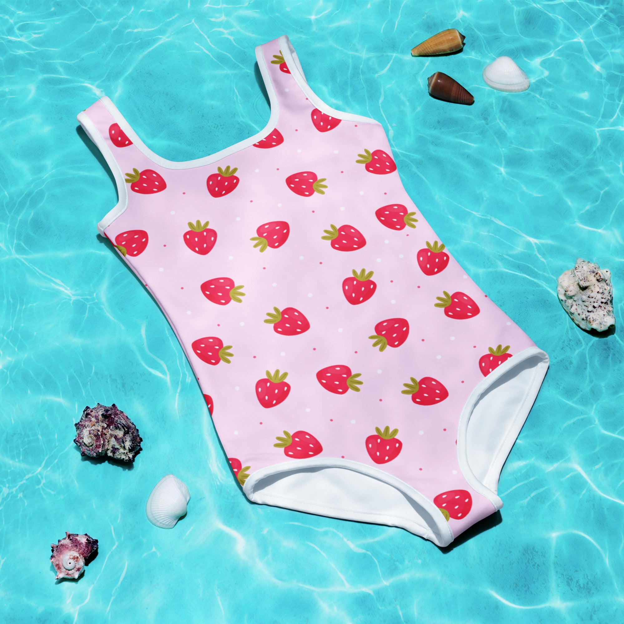 Girls strawberry buttery soft pink one-piece swimsuit with white trim and UPF 50 plus sun protection
