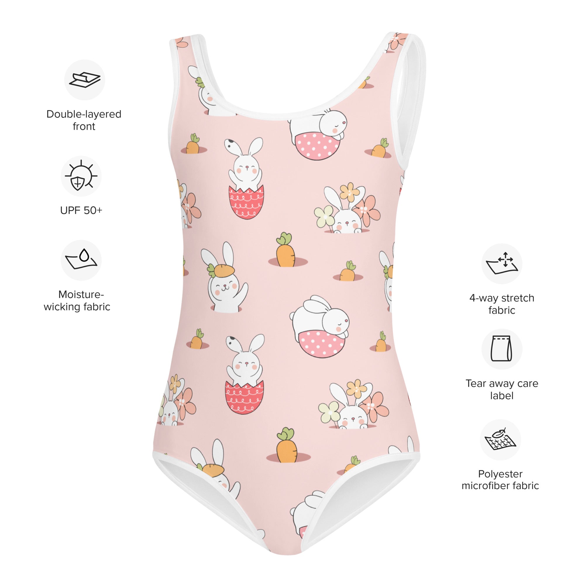 Girls Easter bunny pattern buttery soft pink one-piece swimsuit with white trim and UPF 50 plus sun protection