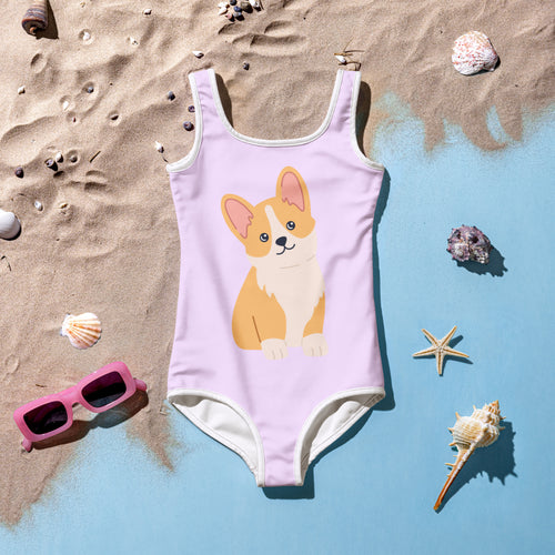 Girls cute corgi dog buttery soft light purple swimsuit with white trim and upf 50 plus sun protection