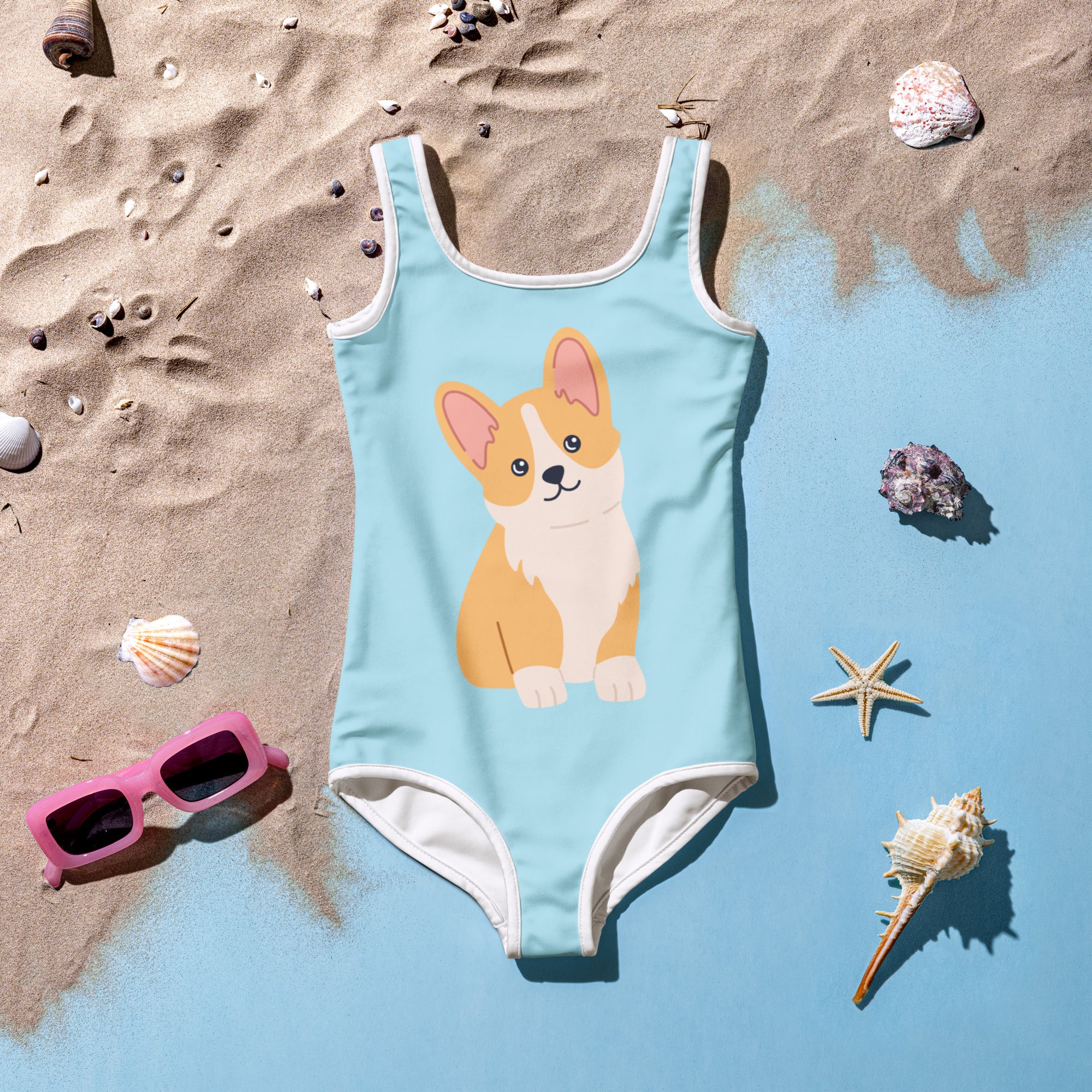 Girls Cute Corgi Dog Buttery Soft Swimsuit With UPF 50+