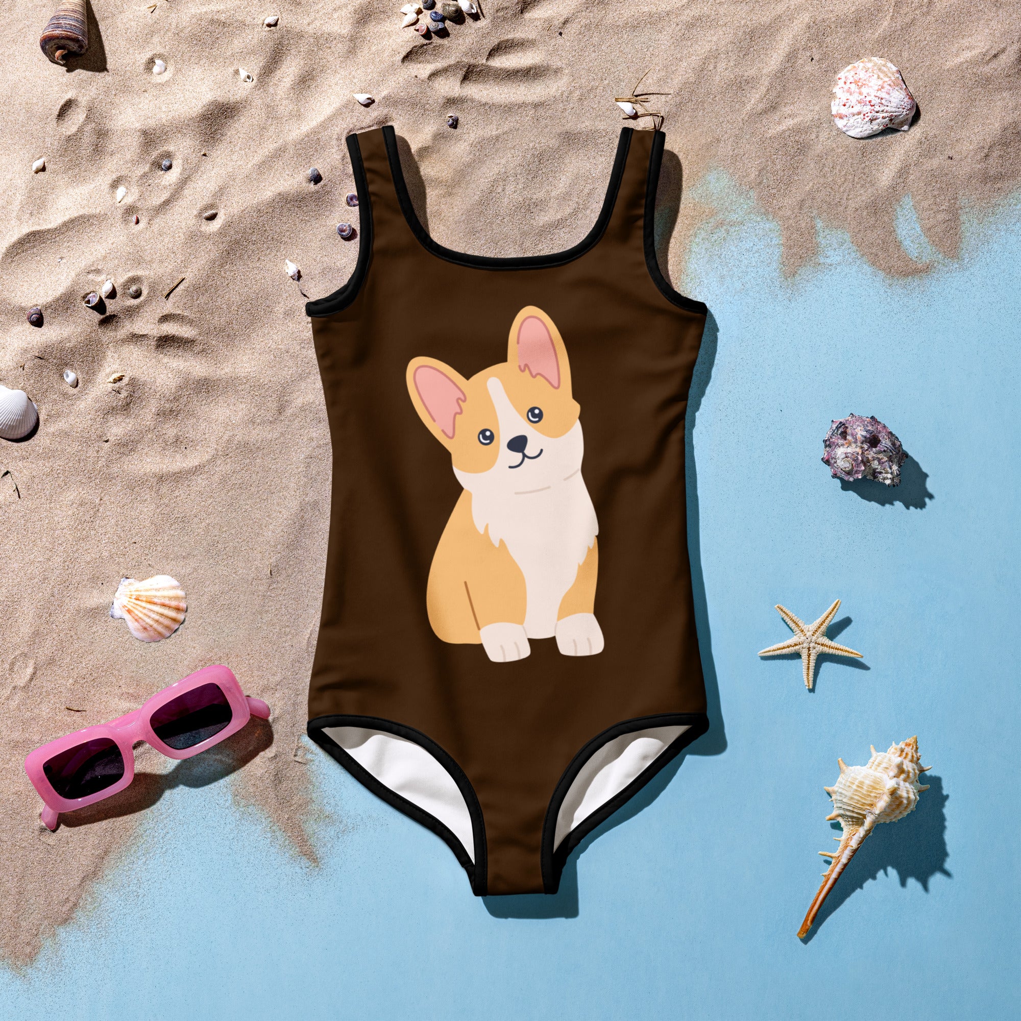 Girls Cute Corgi Dog Buttery Soft Swimsuit With UPF 50+