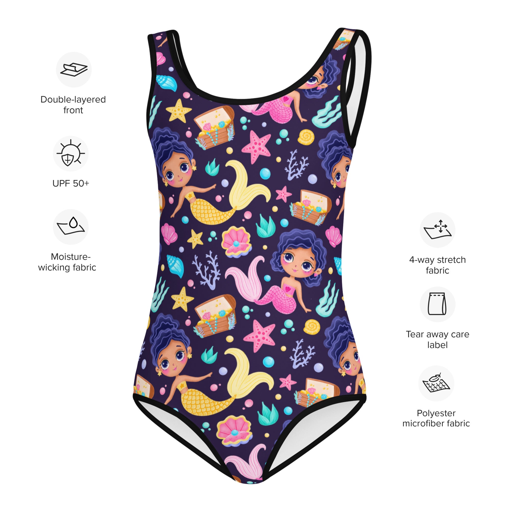 Girls navy blue one-piece swimsuit with buttery soft fabric mermaid and treasure print and UPF 50+ protection
