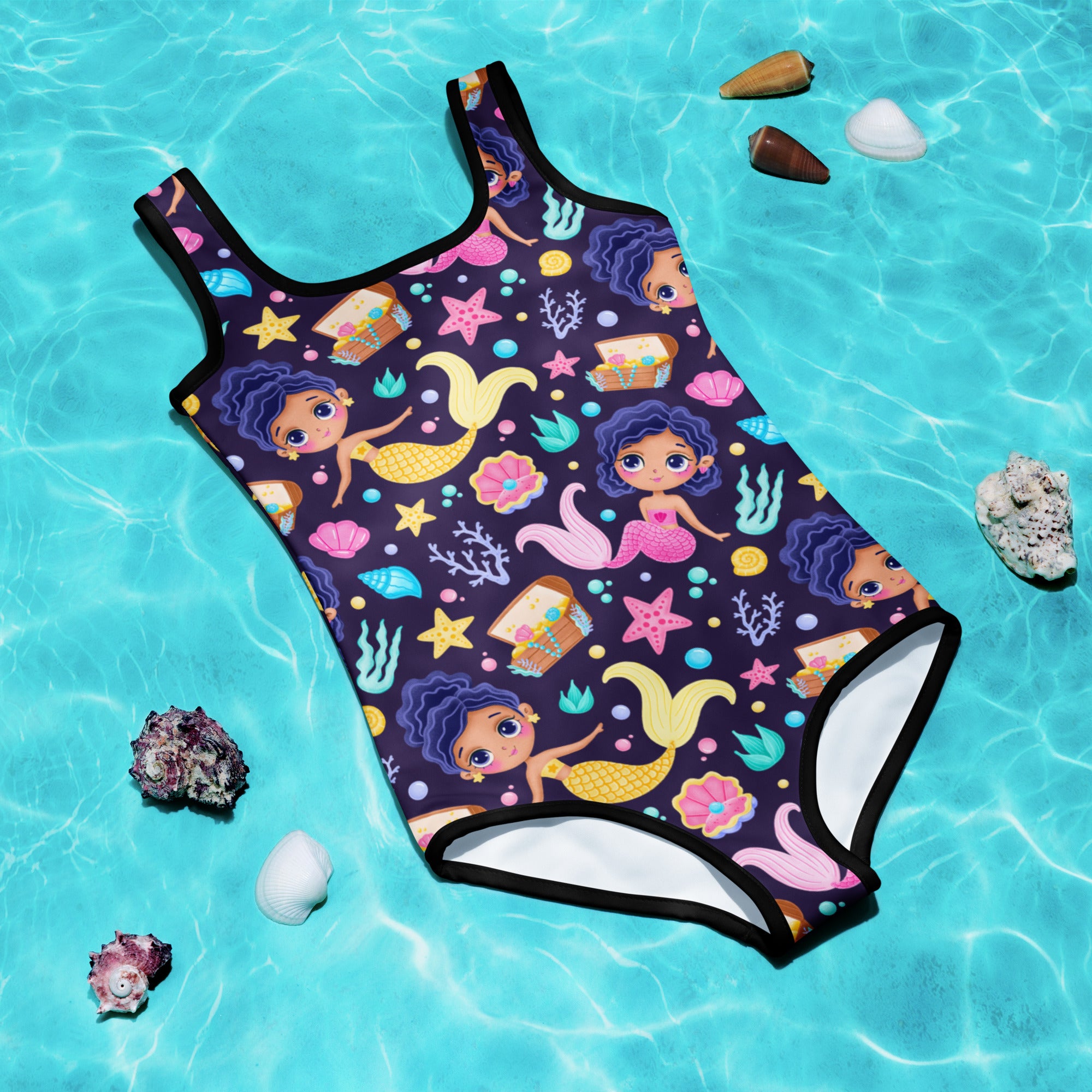 A vibrant navy blue girls mermaid pattern buttery soft one-piece swimsuit with upf 50 plus featuring colorful sea motifs