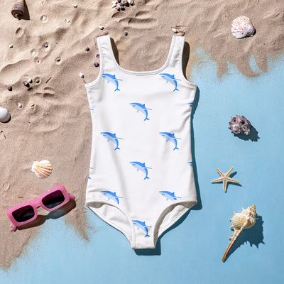 Girls shark buttery soft white one-piece swimsuit with blue dolphin pattern and UPF 50 plus sun protection
