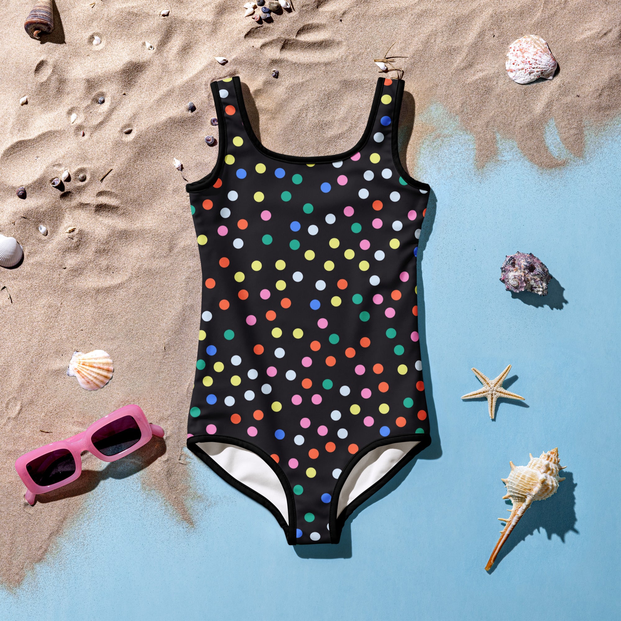 Girls confetti dots buttery soft black one-piece swimsuit with colorful rainbow polka dots square neckline and white lining