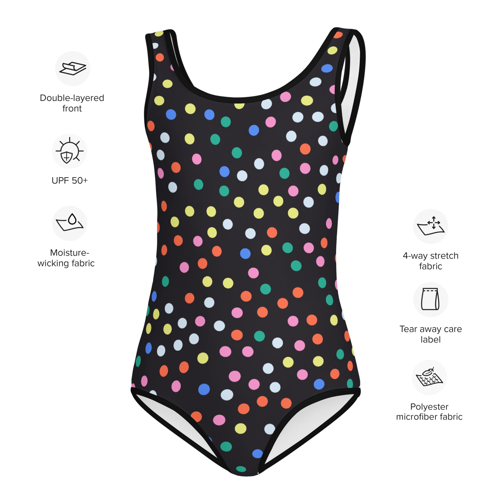 Black girls one-piece swimsuit with colorful polka dots thin straps buttery soft fabric and upf 50+ protection