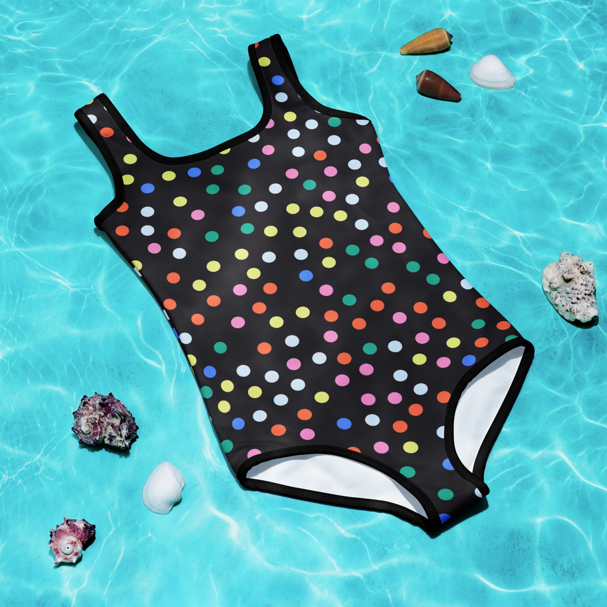 Girls confetti dots buttery soft black one-piece swimsuit with colorful rainbow polka dots and UPF 50+ protection