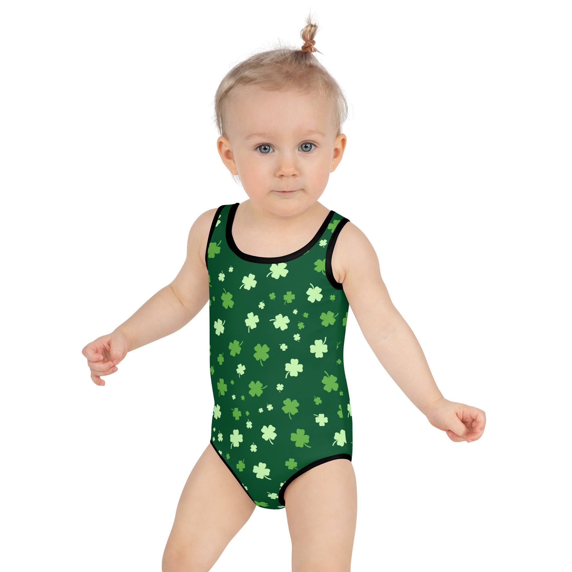 Green girls one-piece swimsuit with black trim and light green shamrocks pattern buttery soft with upf 50 plus