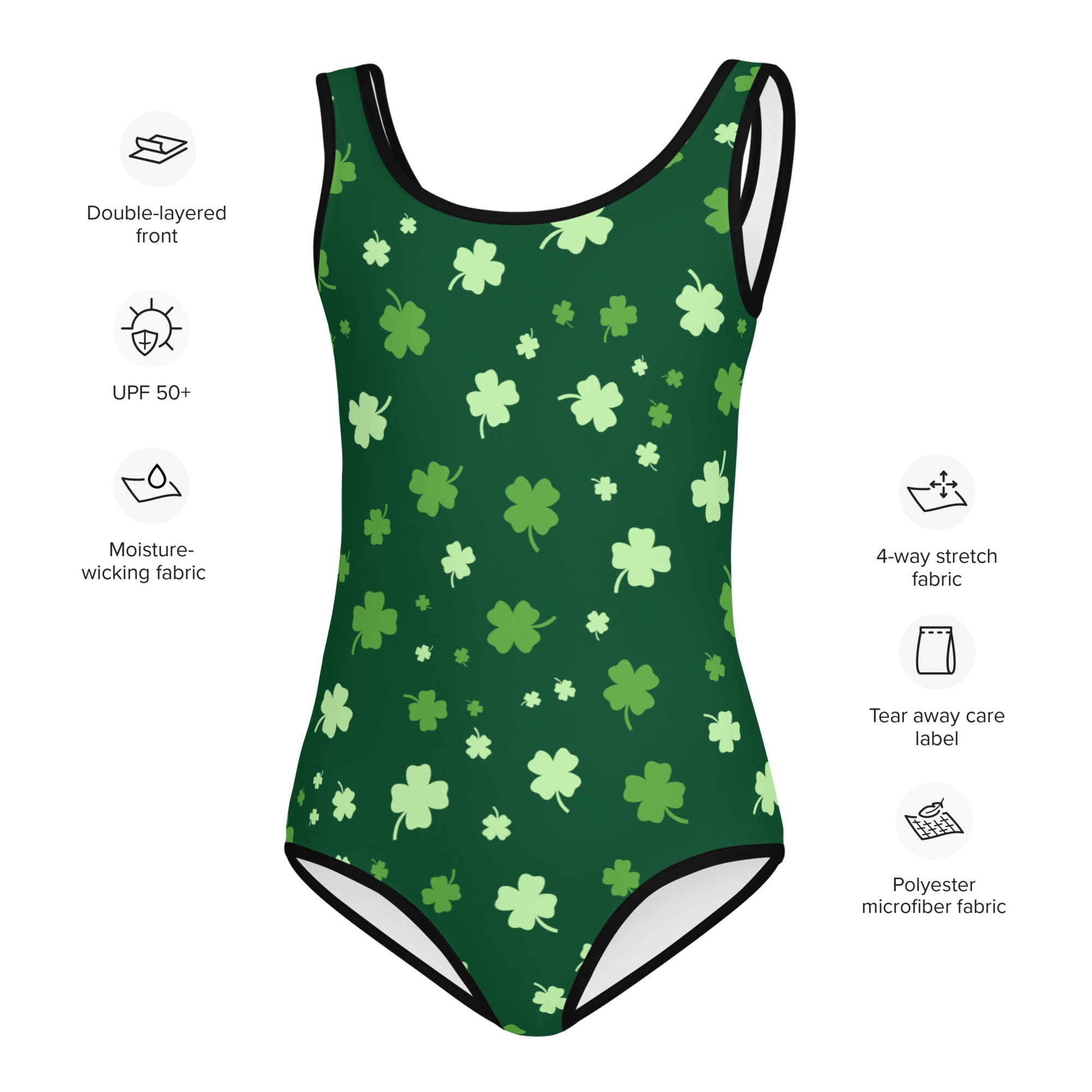 Green girls one-piece swimsuit with light and dark shamrocks, black trim, buttery soft fabric, and upf 50 plus protection
