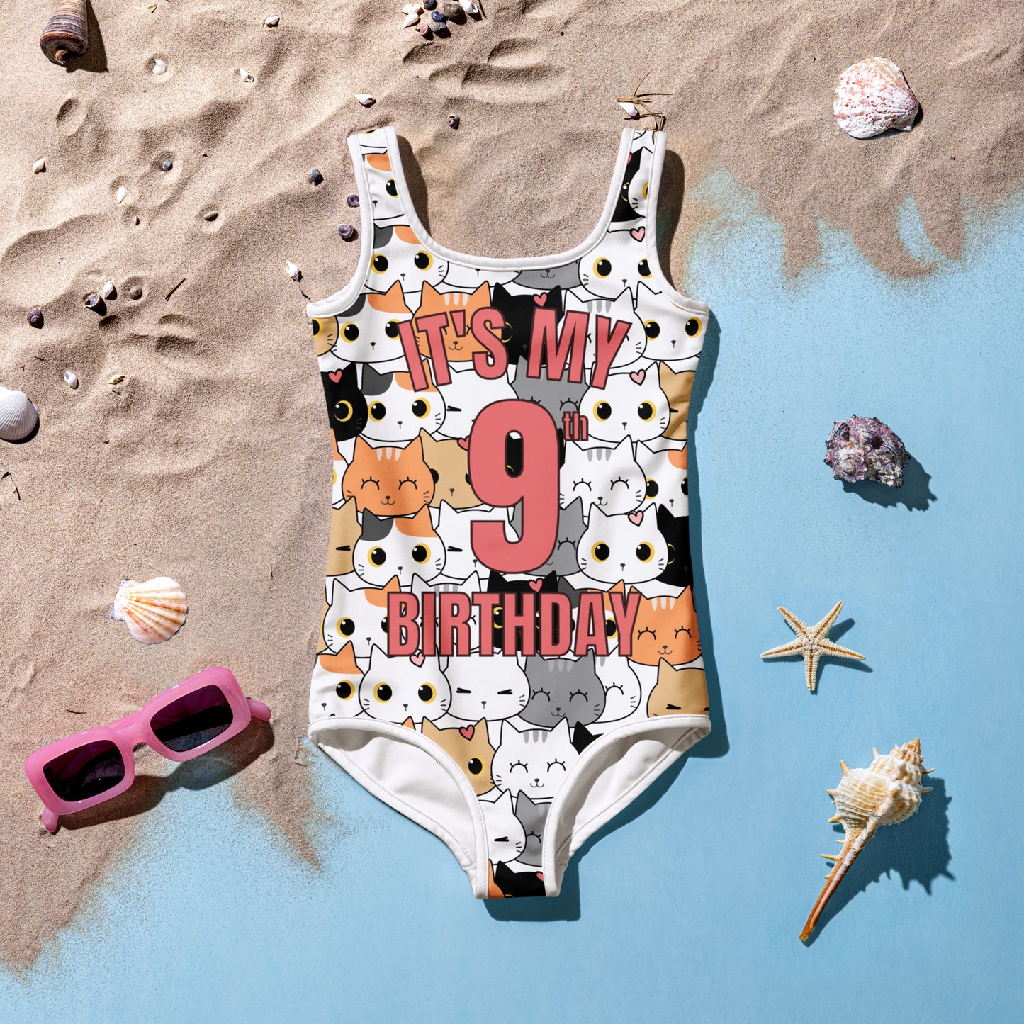 Girls Cat Themed Custom Age It's My Birthday Swimsuit