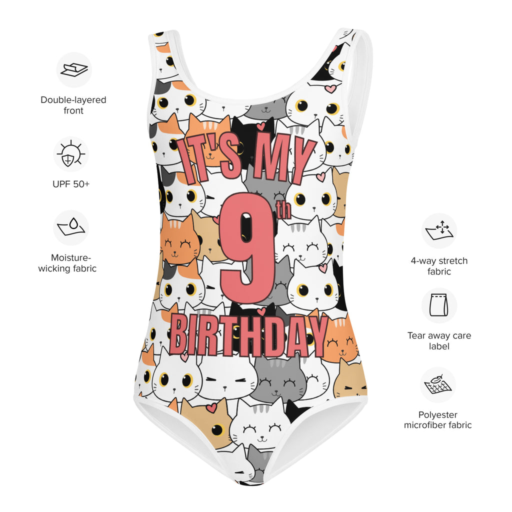 White girls one-piece swimsuit with colorful cartoon cats and bold pink its my 9th birthday text for birthdays