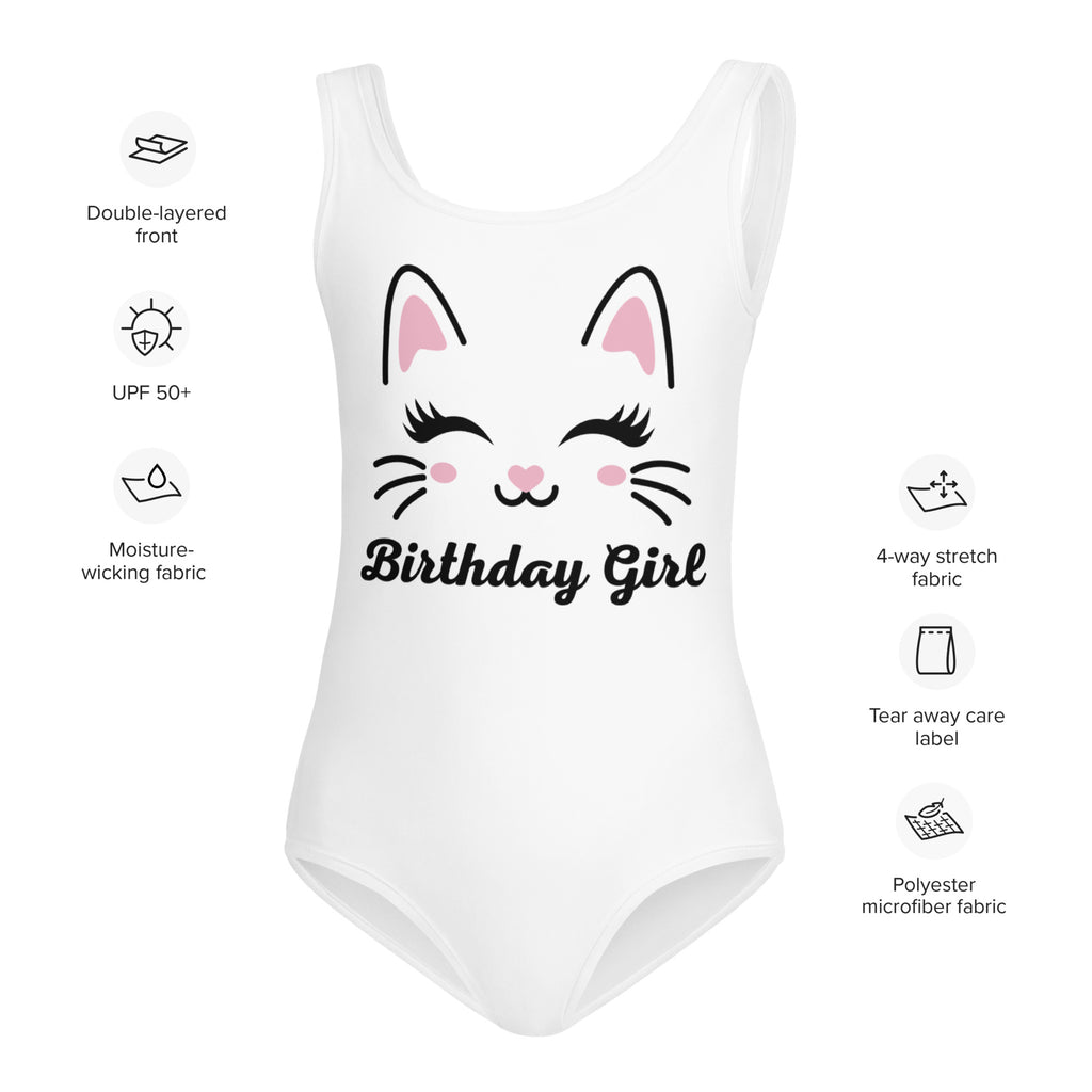 White one-piece girls swimsuit with cute cat face design and birthday girl text in black script