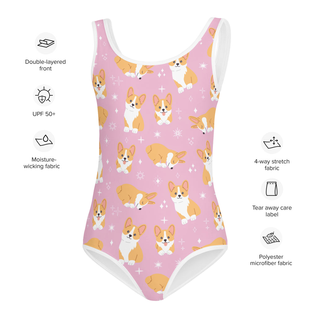Girls Pink Corgi Dog Buttery Soft Swimsuit With UPF 50+