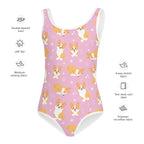 Girls Pink Corgi Dog Buttery Soft Swimsuit With UPF 50+