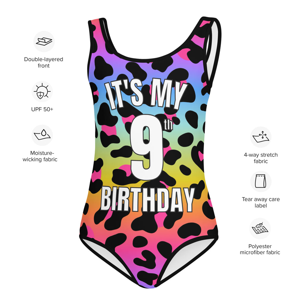 Girls Cheetah Themed Custom Age It's My Birthday Rainbow Swimsuit