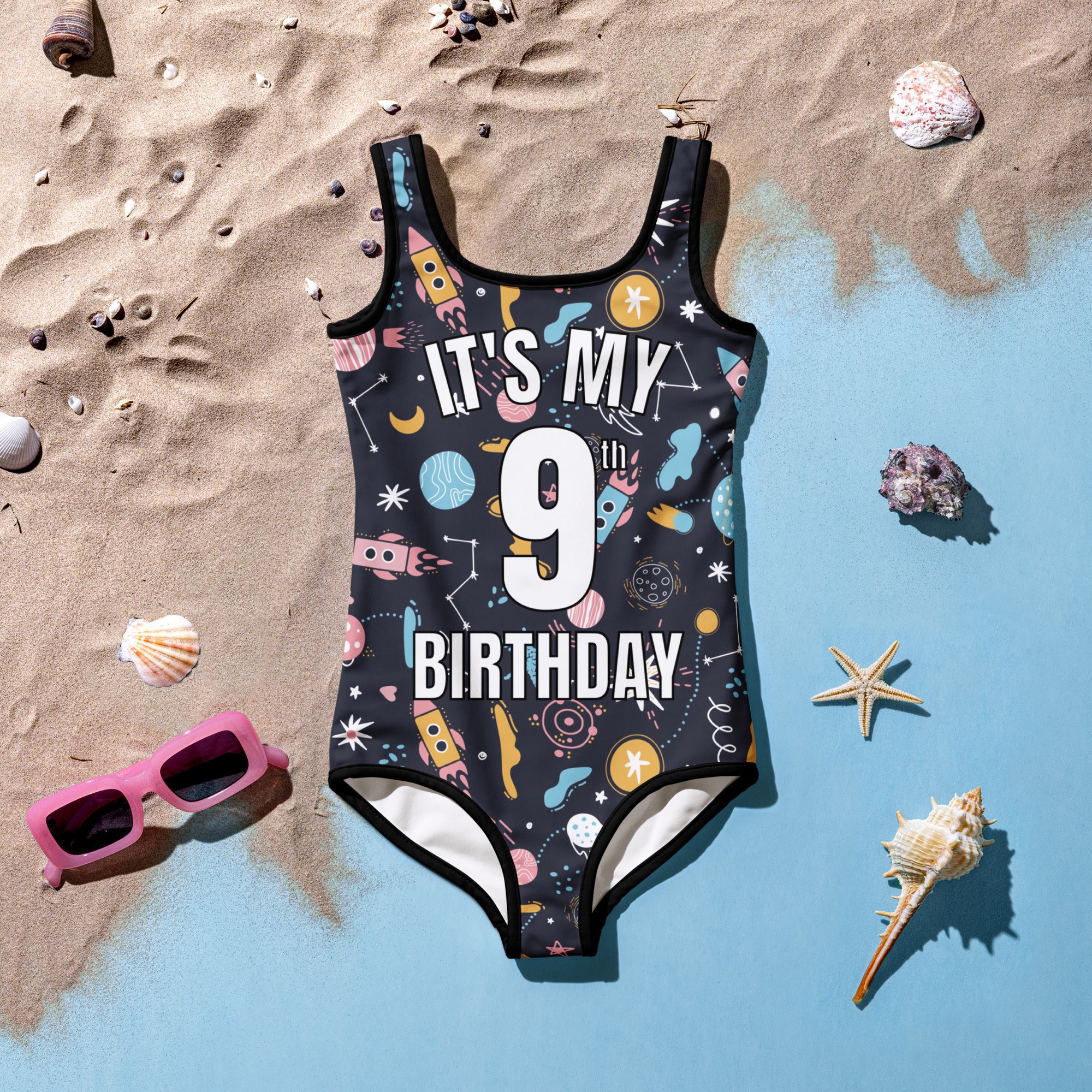 Girls Space Themed Custom Age It's My Birthday Swimsuit