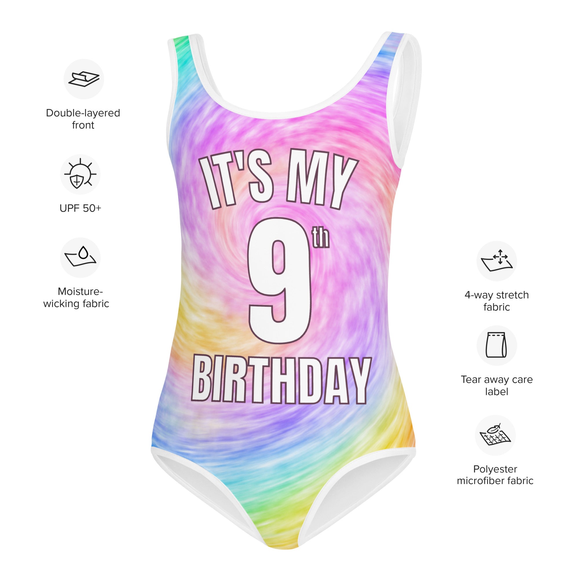 Girls Rainbow Tie Dye Custom Age It's My Birthday Swimsuit