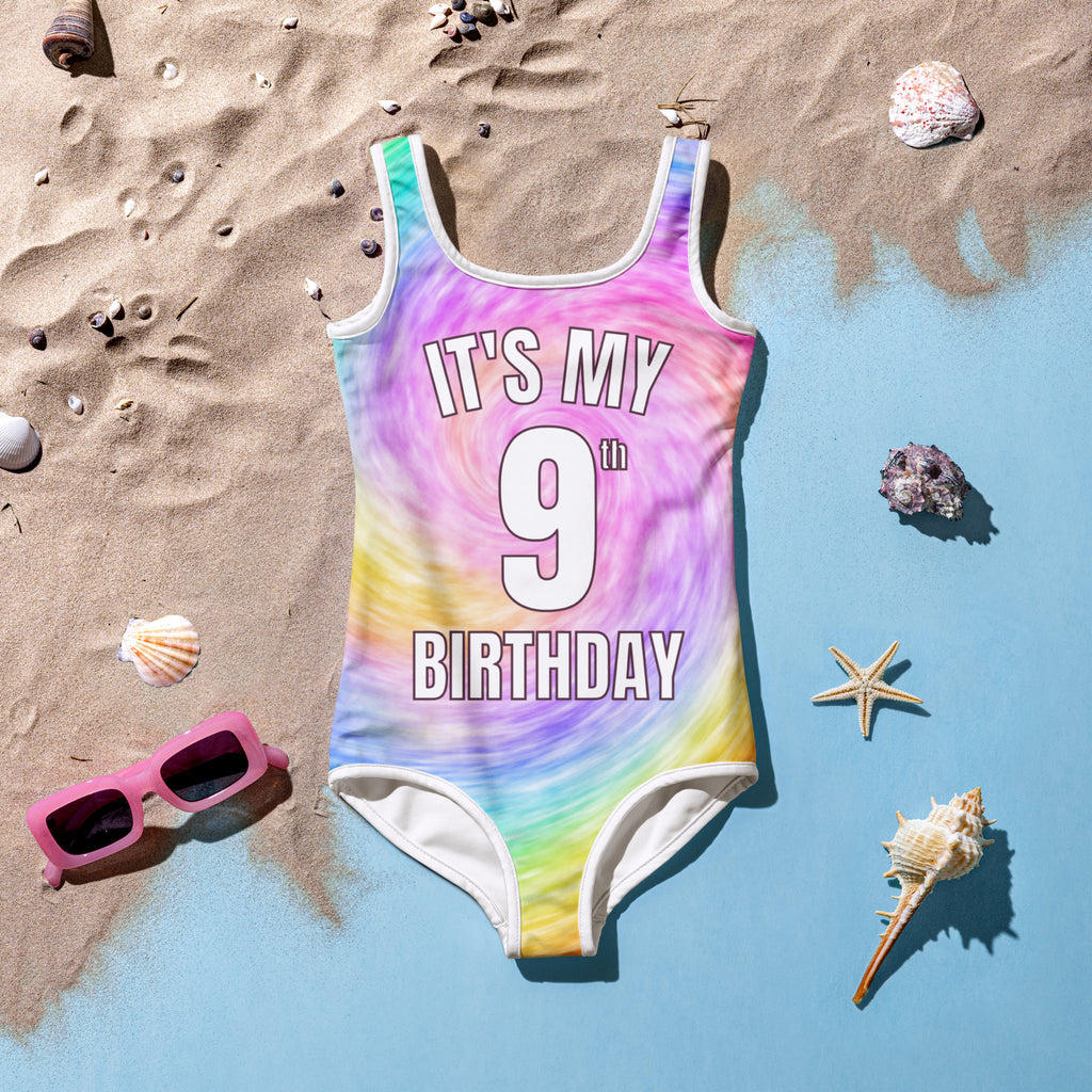 Girls Rainbow Tie Dye Custom Age It's My Birthday Swimsuit