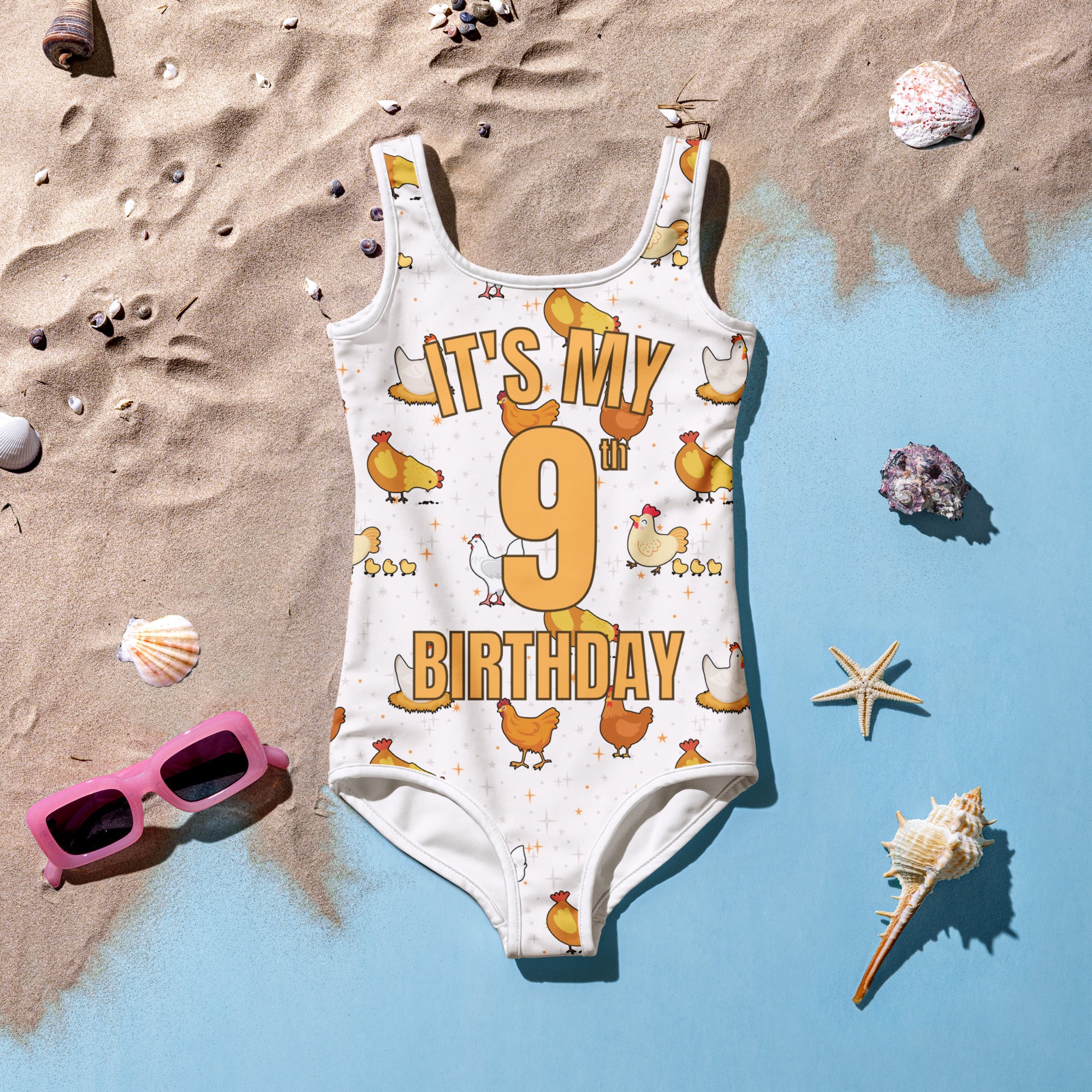 Girls Chicken Themed Custom Age It's My Birthday Swimsuit