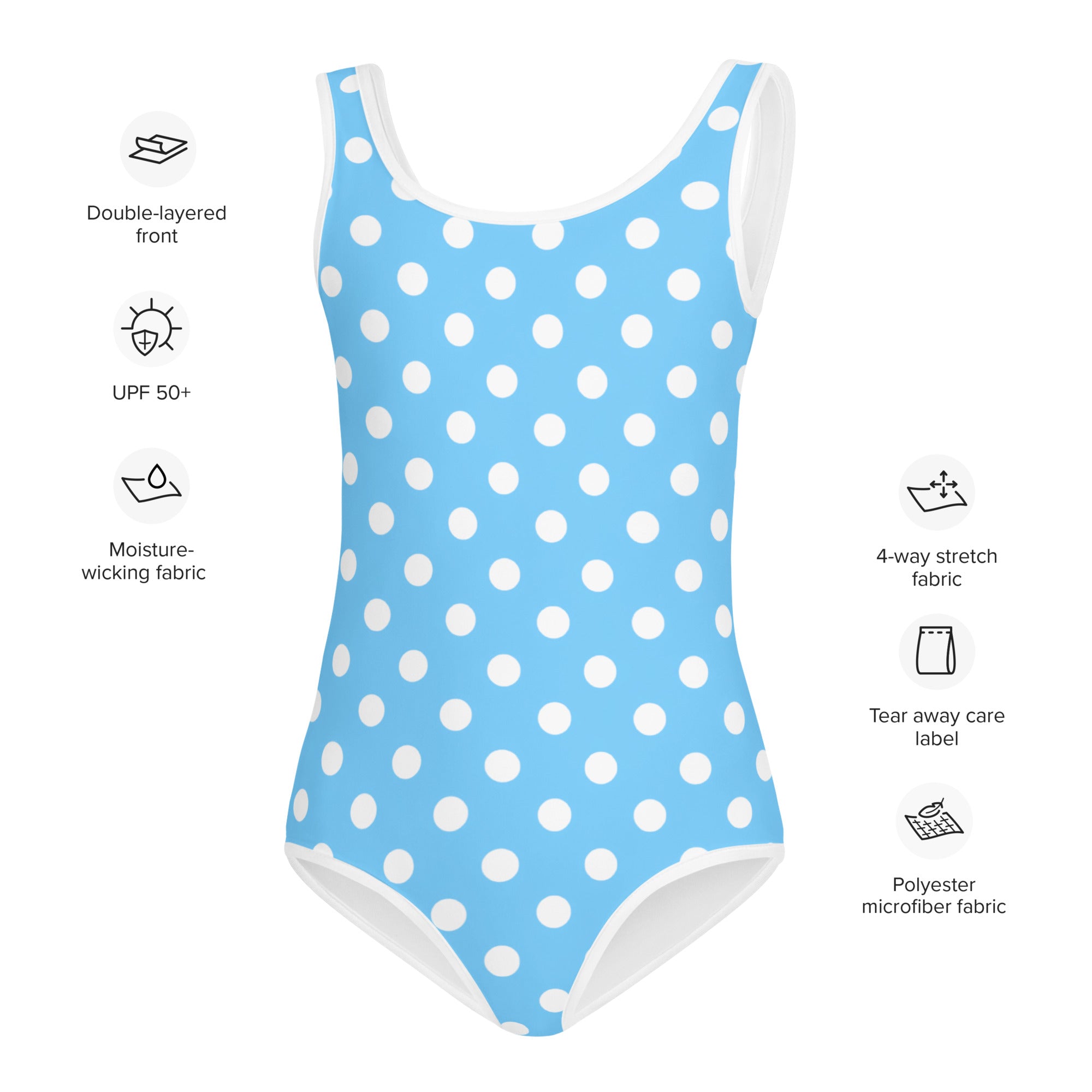 Girls blue polka dots buttery soft swimsuit with UPF 50 plus in light blue with white trim and polka dots