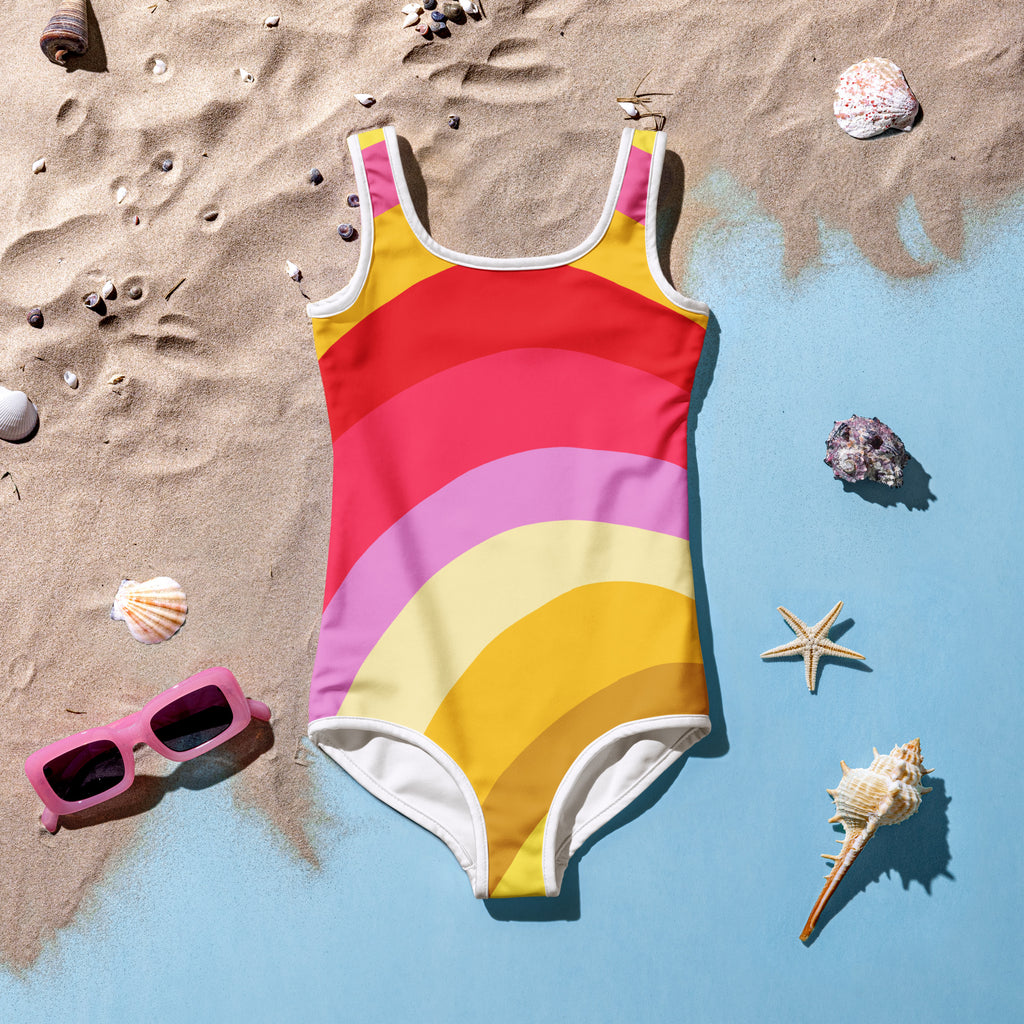 Girls sunset rainbow waves buttery soft one-piece swimsuit with vibrant rainbow stripes and UPF 50 plus protection