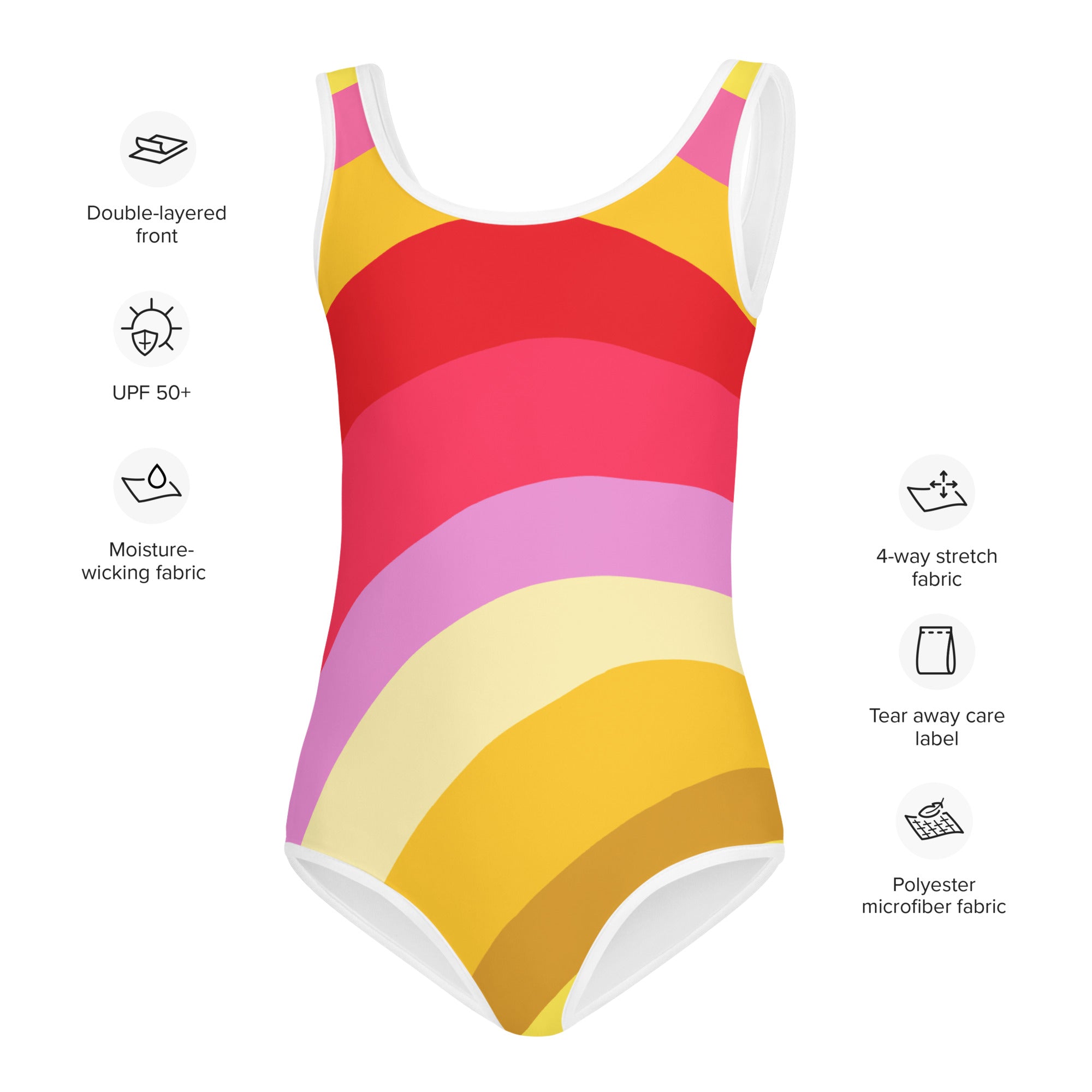 Girls sunset rainbow waves buttery soft one-piece swimsuit with vibrant rainbow stripes double-layered front and white trim