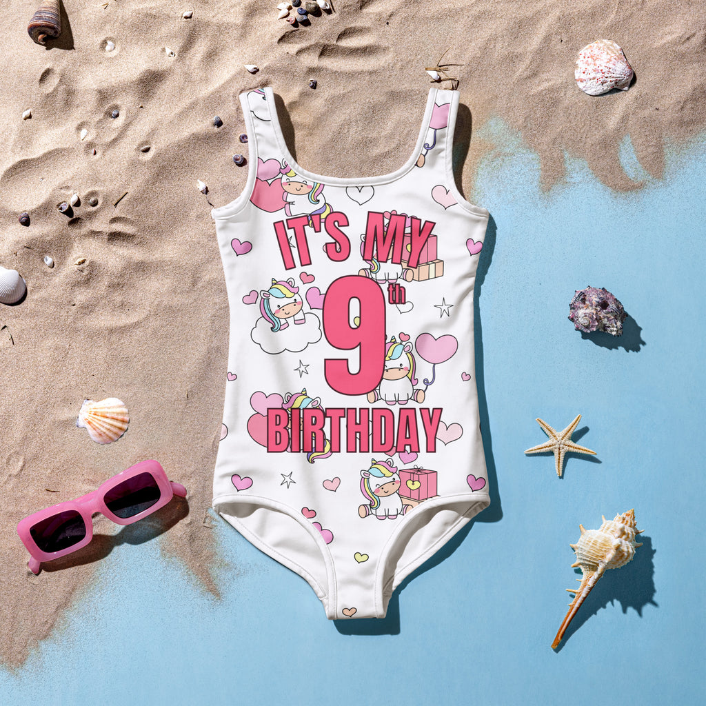 Girls Unicorn Themed Custom Age It's My Birthday Swimsuit