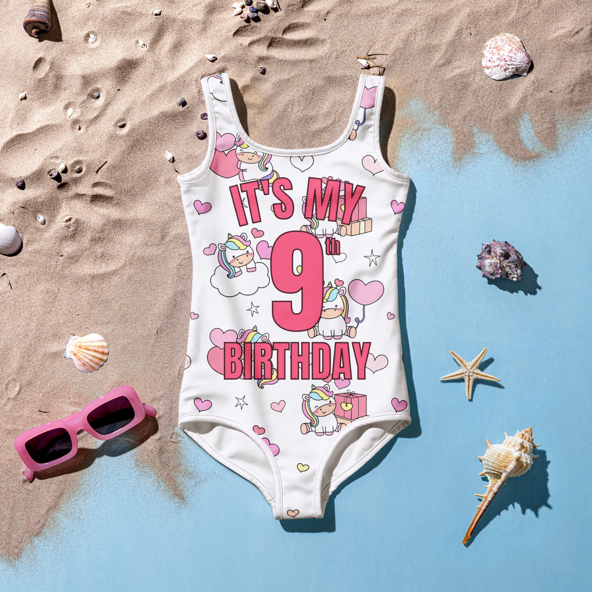 Girls Unicorn Themed Custom Age It's My Birthday Swimsuit