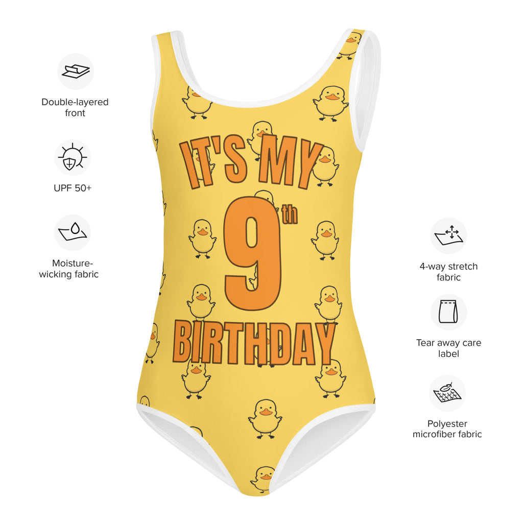 Girls Rubber Duck Themed Custom Age It's My Birthday Swimsuit, product specifications