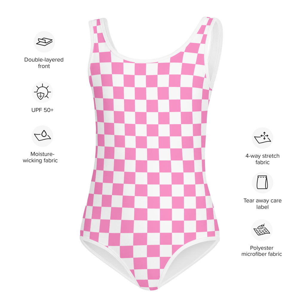 Girls Pink Checkerboard Buttery Soft Swimsuit With UPF 50+