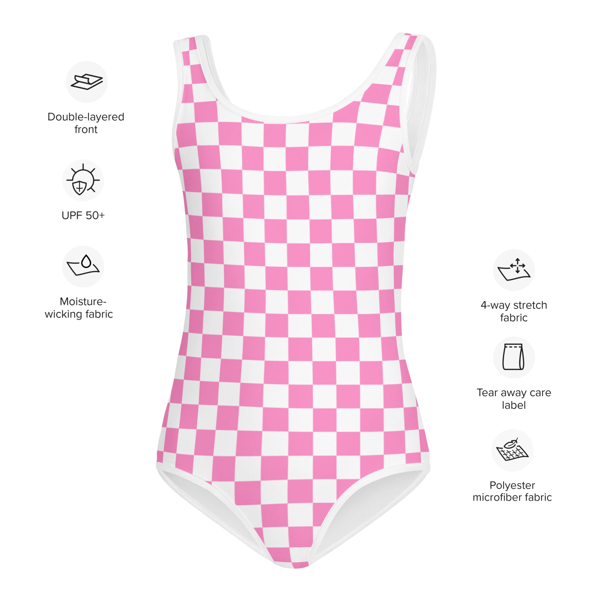 Girls Pink Checkerboard Buttery Soft Swimsuit With UPF 50+