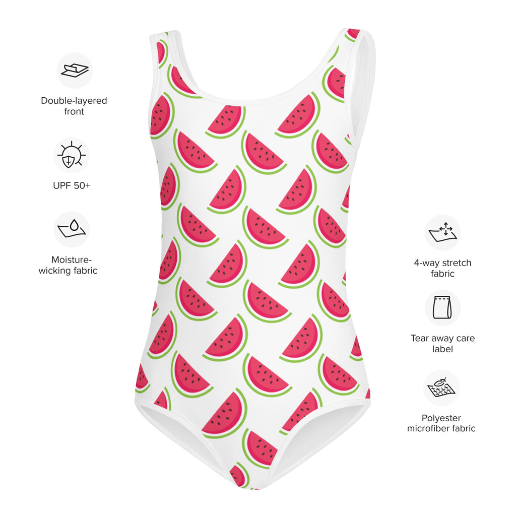 White one-piece girls swimsuit with playful pink watermelon slices, buttery soft fabric, and upf 50 plus protection