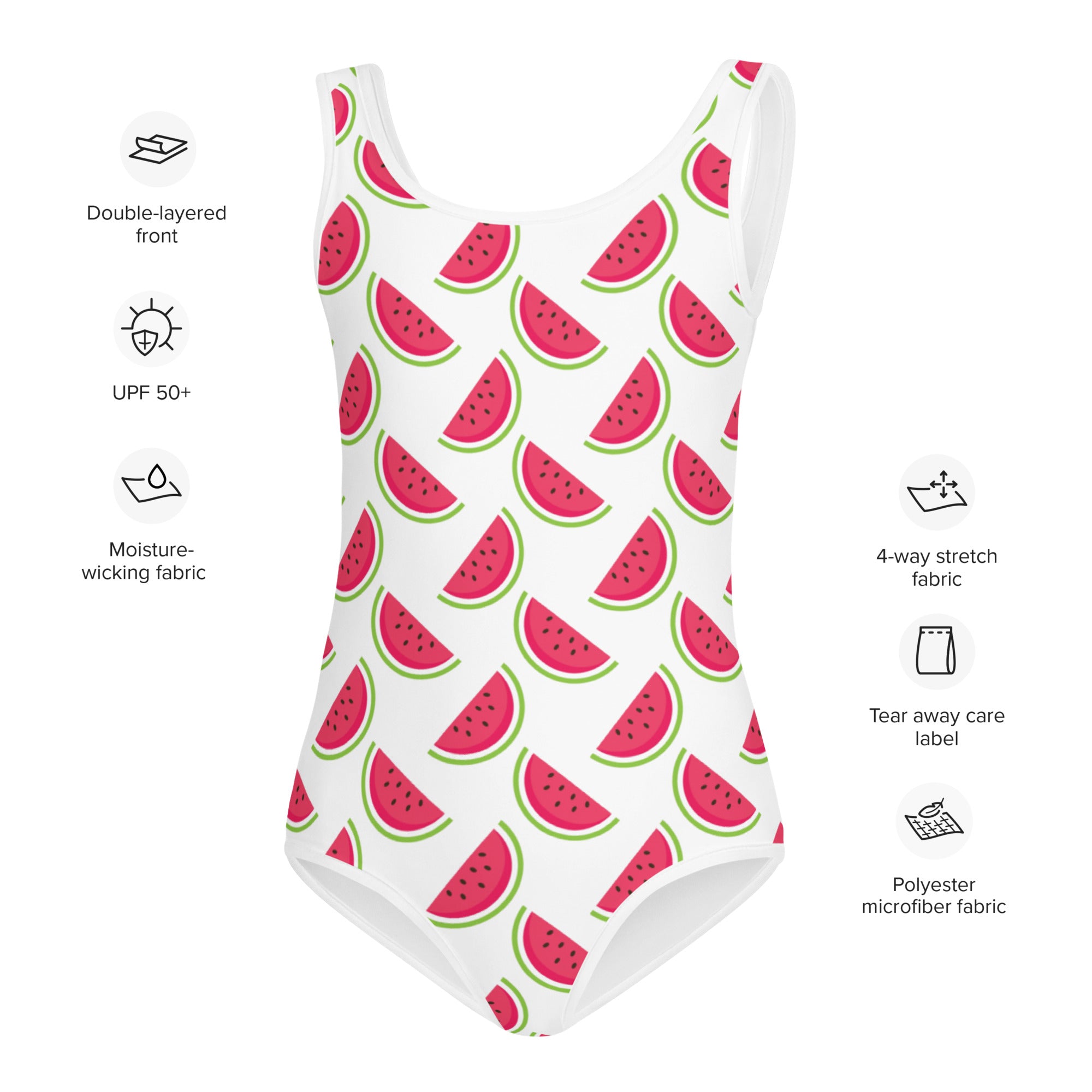 White one-piece girls swimsuit with playful pink watermelon slices, buttery soft fabric, and upf 50 plus protection