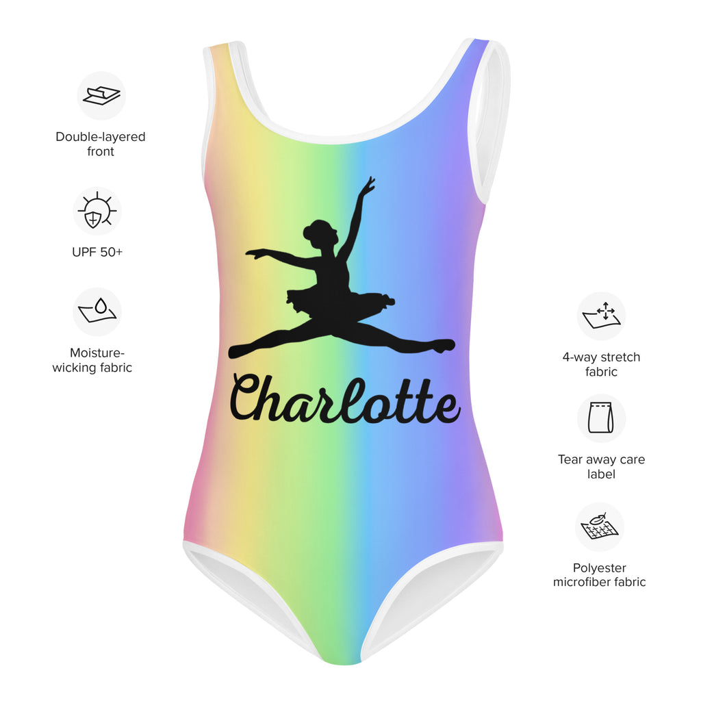 A girls custom name ballerina rainbow swimsuit with black dancer silhouette name charlotte white trim polyester microfiber