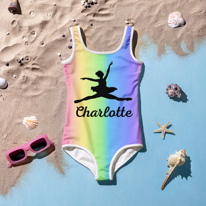 Girls Custom Name Ballerina Rainbow Swimsuit – Dance-Themed UPF 50+ Bathing Suit