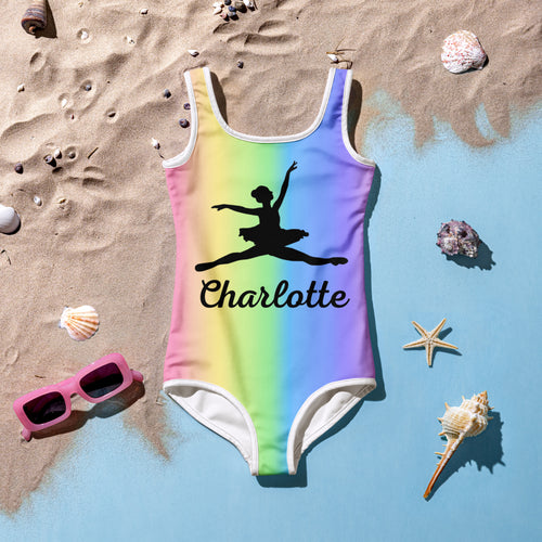 Girls custom name ballerina rainbow gradient one-piece swimsuit with black dancer silhouette and charlotte script