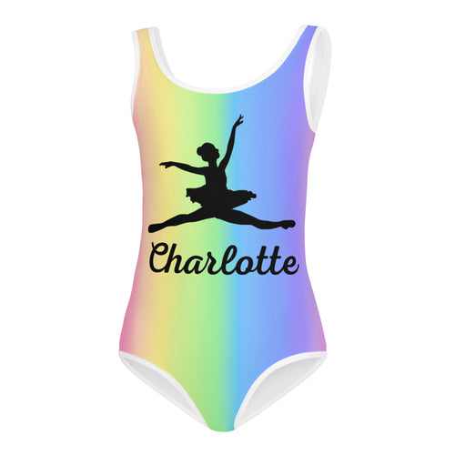 Girls custom rainbow gradient one-piece buttery soft leotard with black ballet dancer silhouette and charlotte script