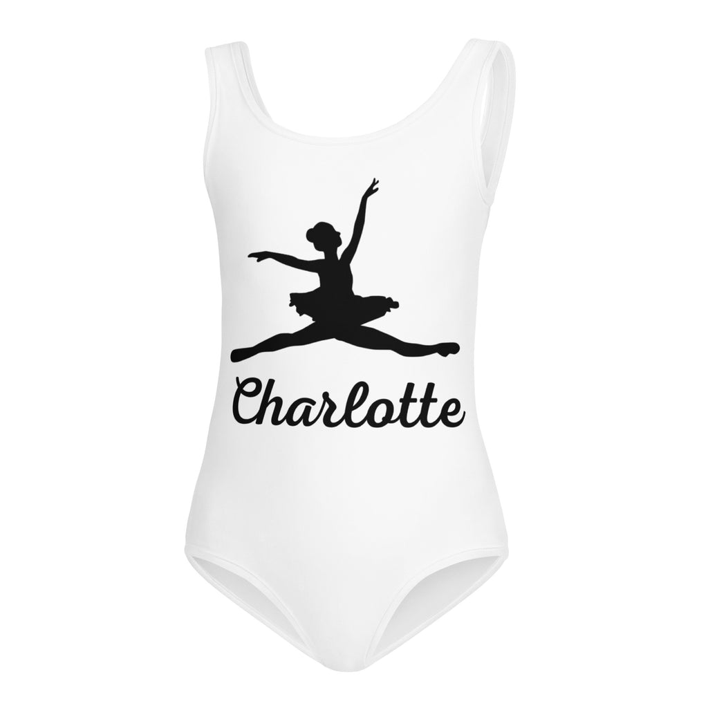 White sleeveless girls buttery soft quick drying leotard with black ballerina silhouette and custom name charlotte below