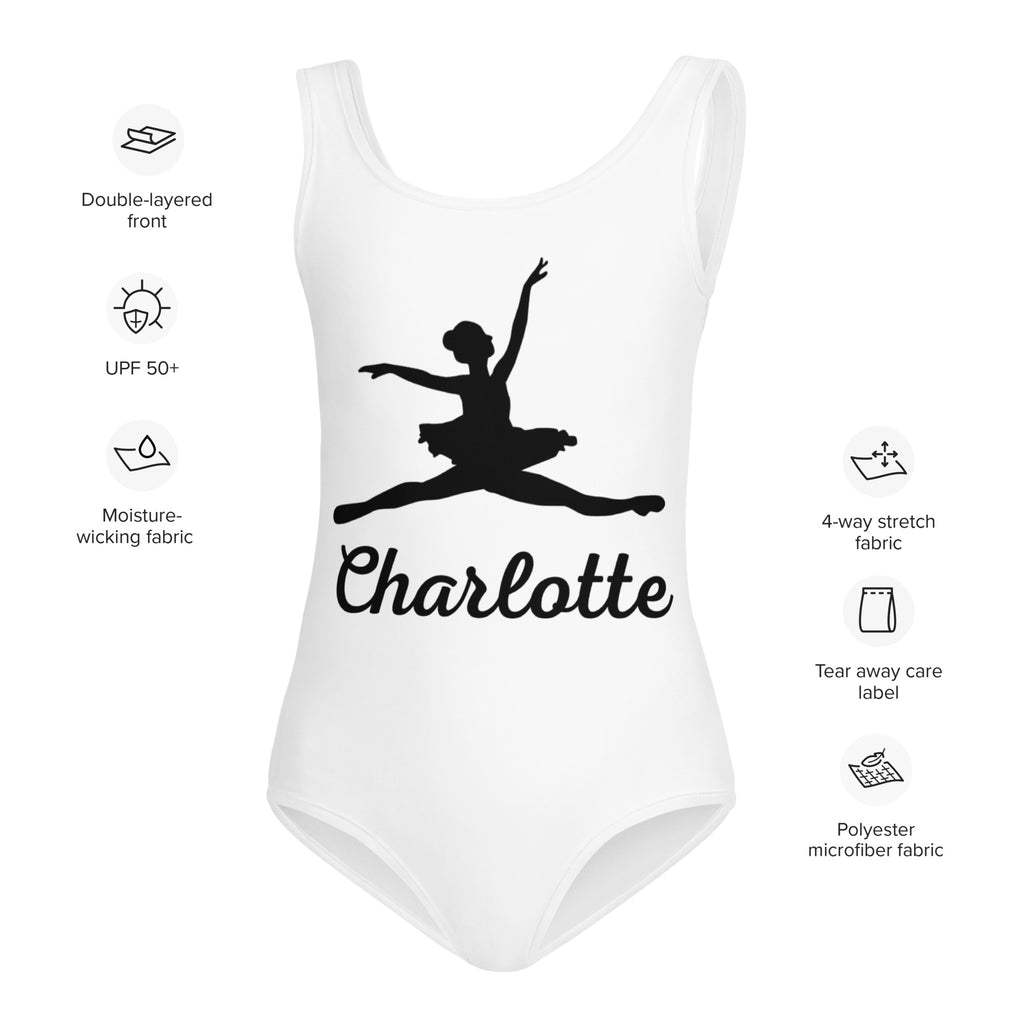 White one-piece girls ballerina leotard with black ballerina silhouette and custom name charlotte in buttery soft fabric