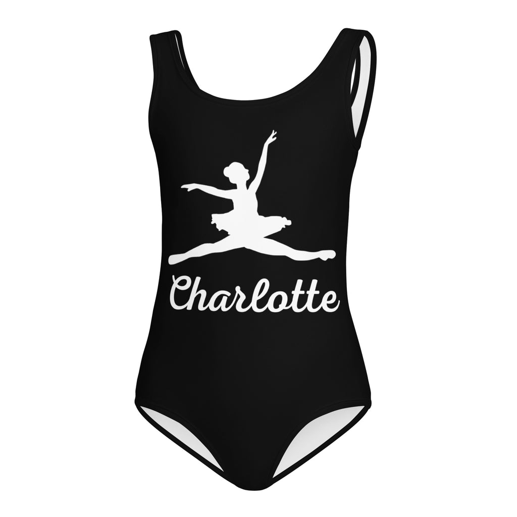 Black one-piece buttery soft quick drying girls leotard with white ballerina silhouette and custom name charlotte